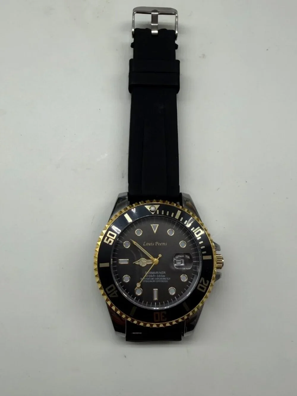 Louis Poems Diver Men's Black Gold 43mm Date Rubber Band Quartz Watch NEW